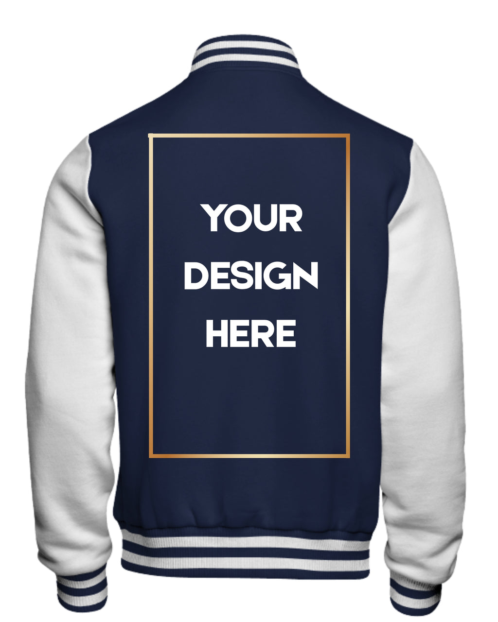 Navy and white varsity jacket with customizable text area on the back