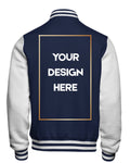 Navy and white varsity jacket with customizable text area on the back