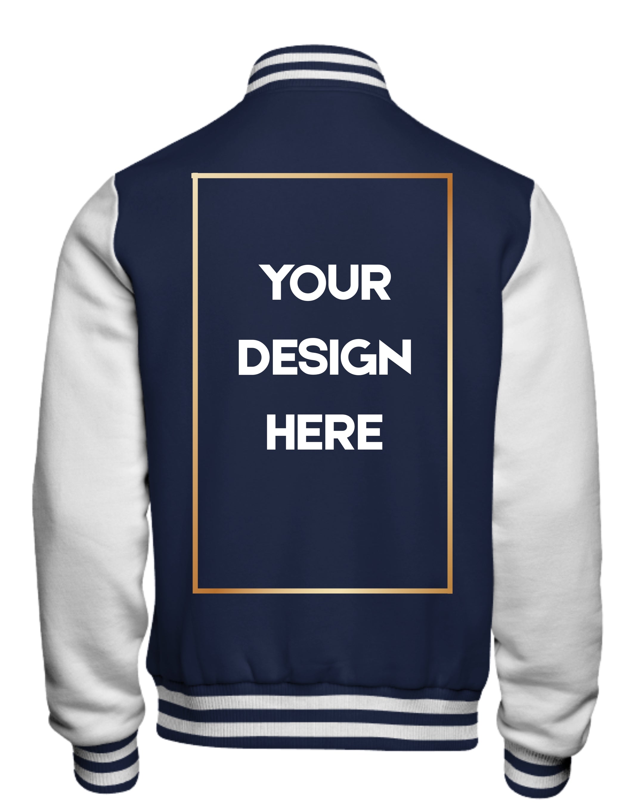 Navy and white varsity jacket with customizable text area on the back