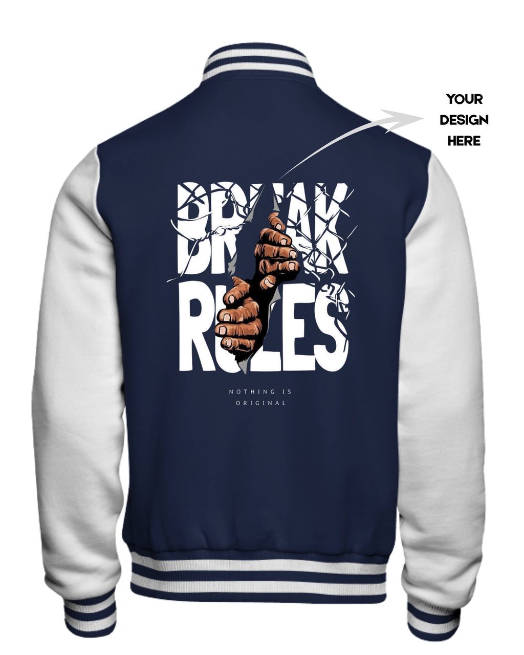 Navy and white varsity jacket with graphic design on the back