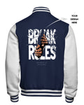 Navy and white varsity jacket with graphic design on the back