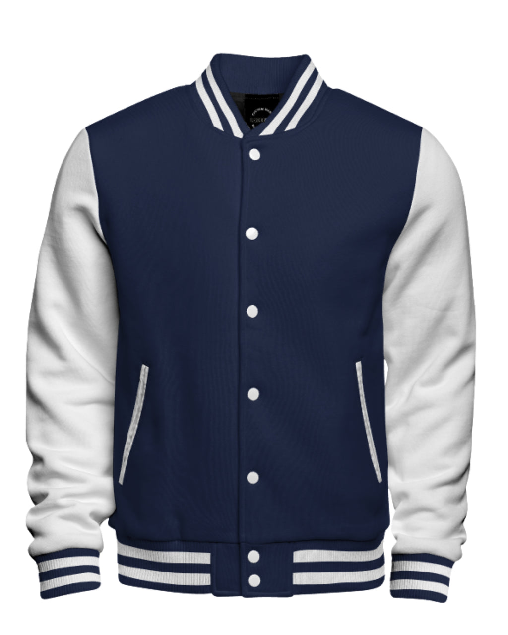 Navy and white varsity jacket on a white background