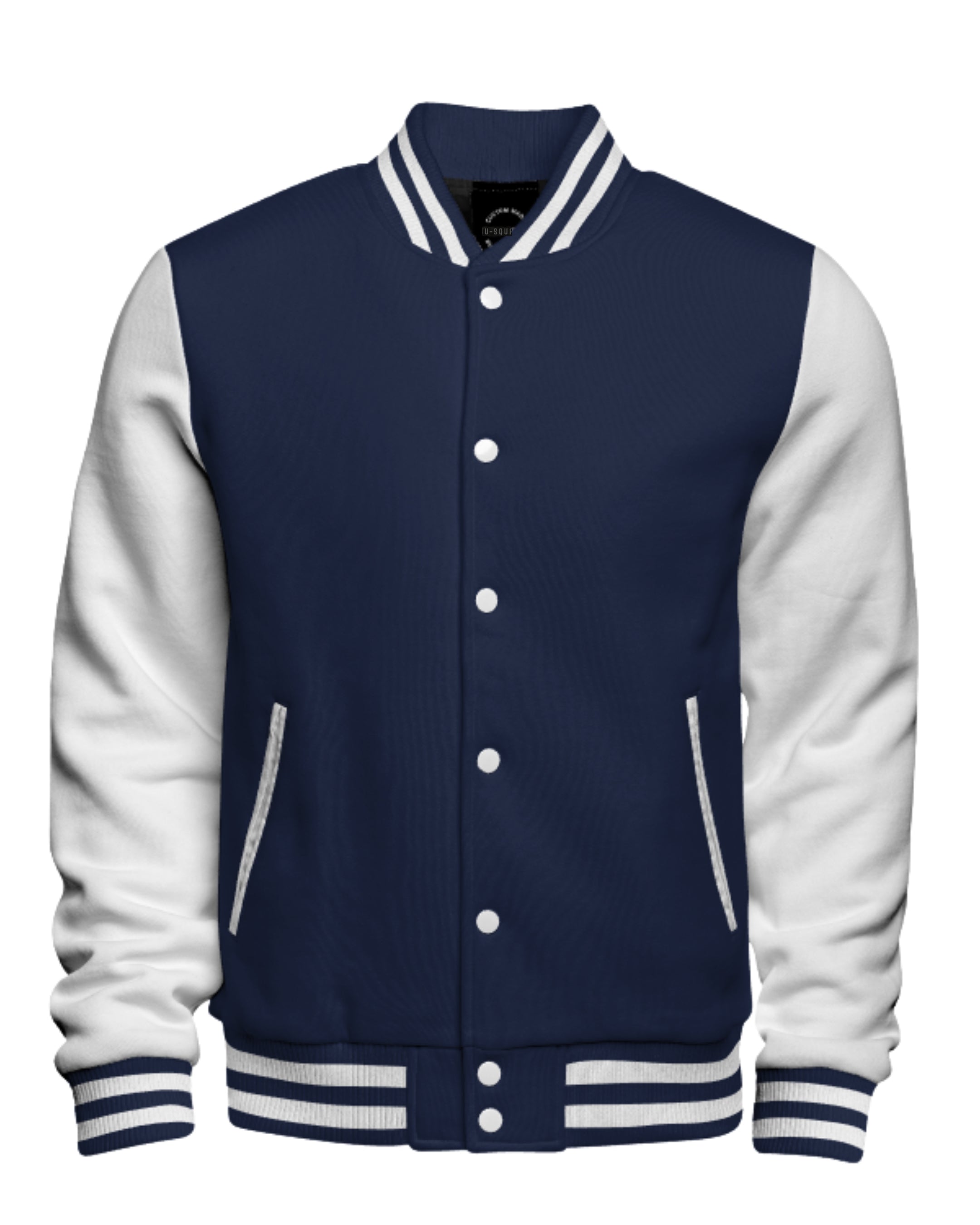 Navy and white varsity jacket on a white background