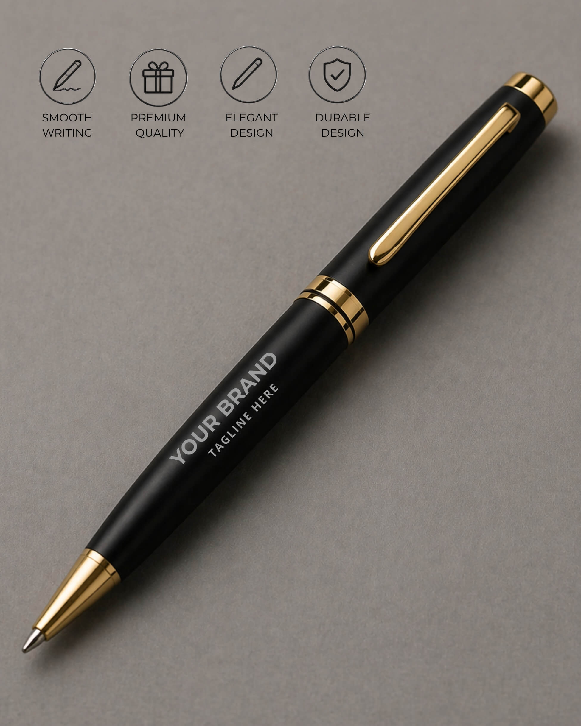 Black pen with gold accents on a gray background, featuring brand customization options.