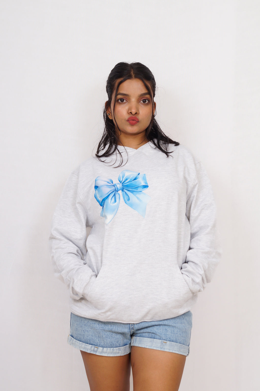 Grey Hoodie with Blue Bow Design