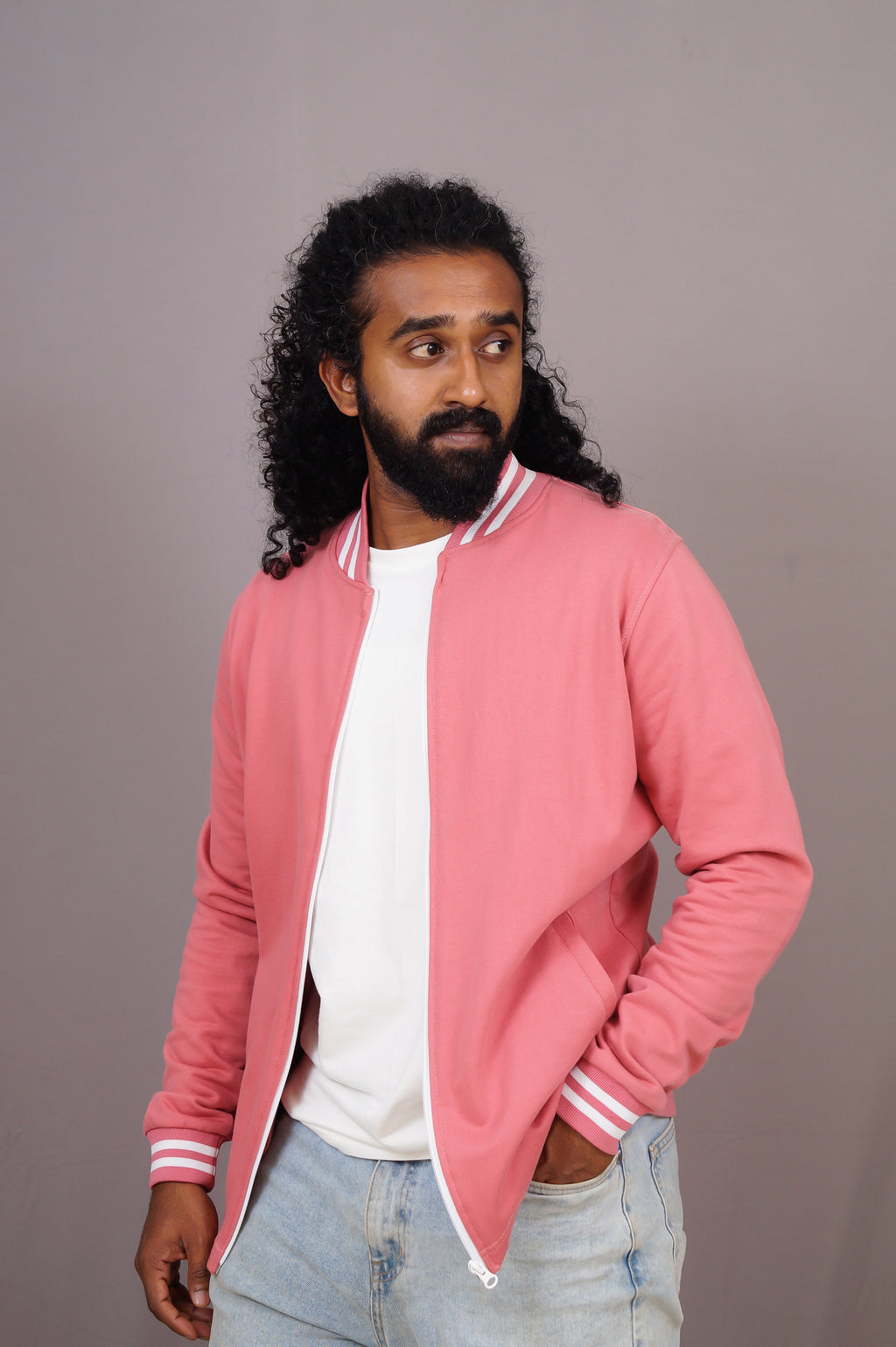 Blush Pink Zipper Varsity Jacket