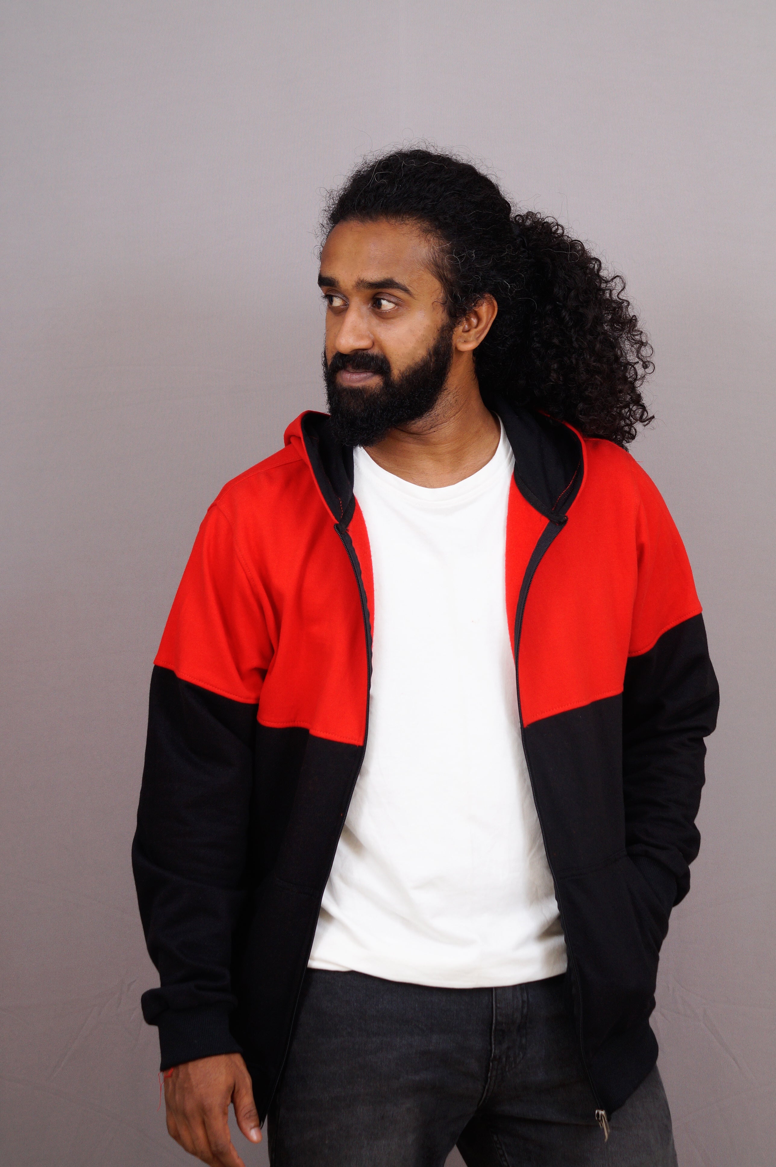 Red & Black Colorblock Zipper Hoodie