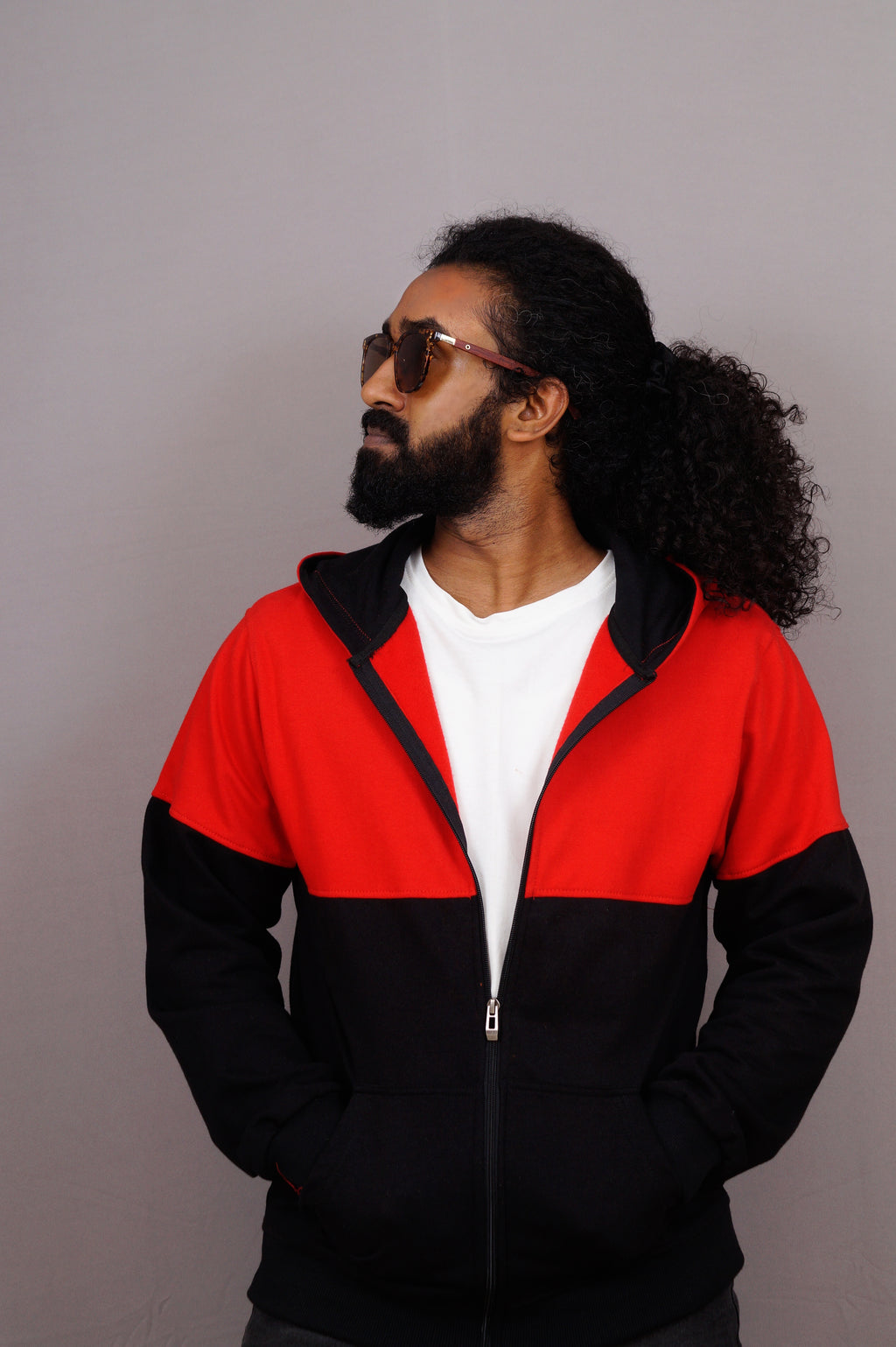 Red & Black Colorblock Zipper Hoodie