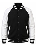 Black and white varsity jacket with buttons on a white background
