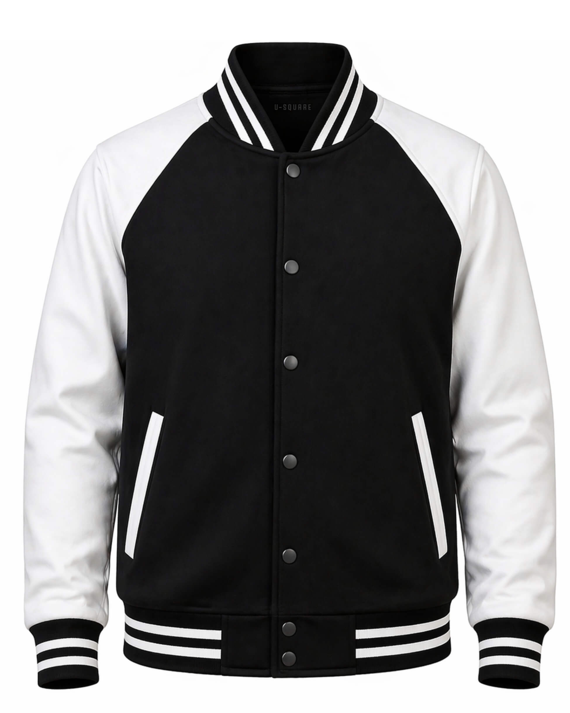 Black and white varsity jacket with buttons on a white background