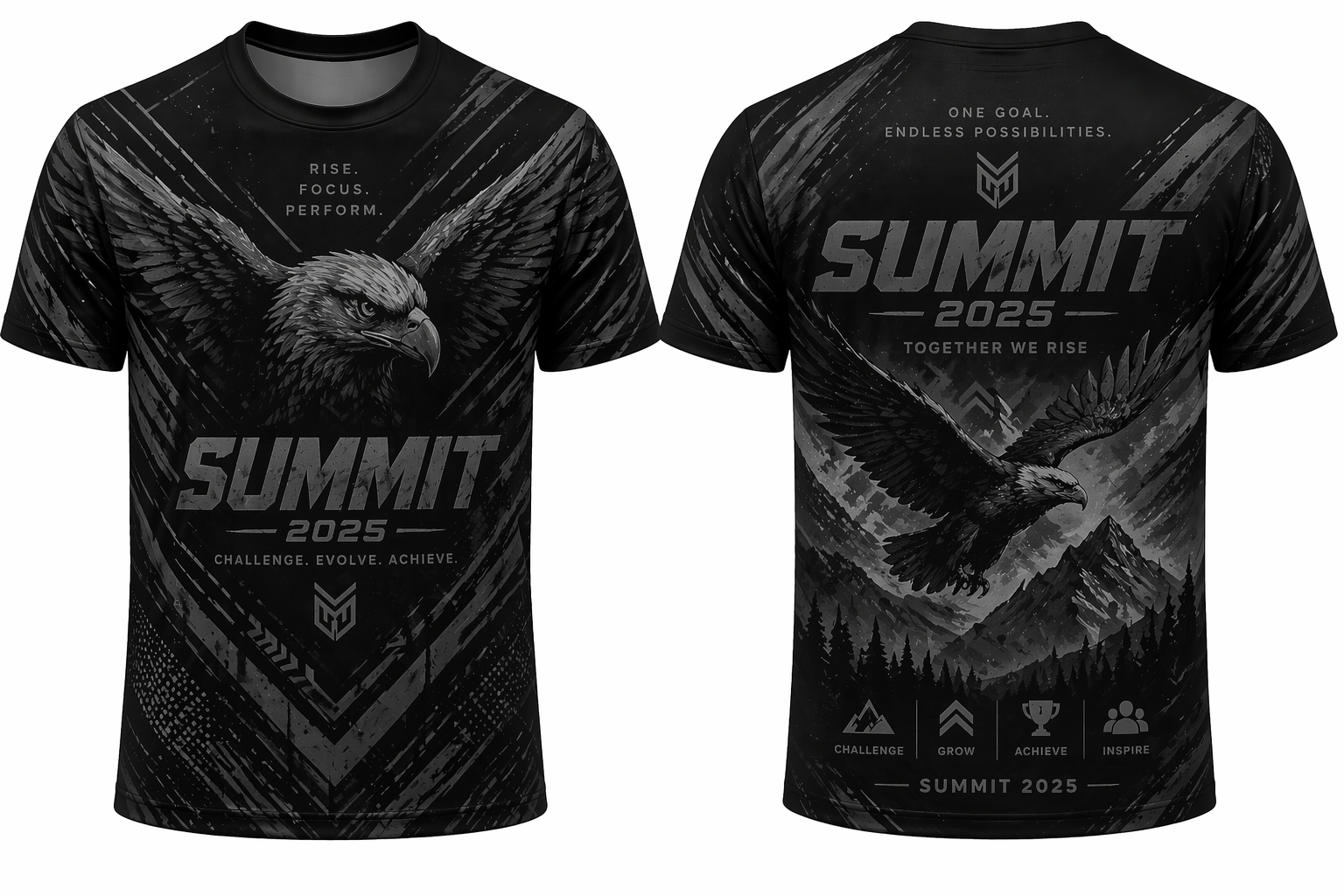 Full sublimation jersey Black t-shirt with eagle design and 'Summit 2025' text on a white background