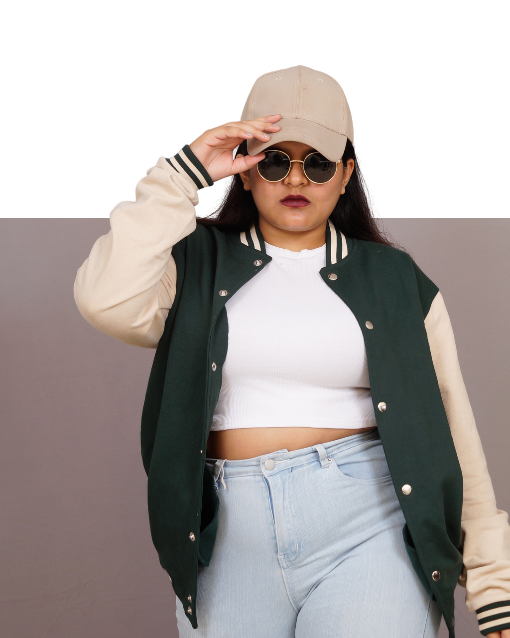 "U-Square Clothing green and beige varsity jacket front view"