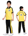 Yellow and black school uniform with customizable logo area on a white background
