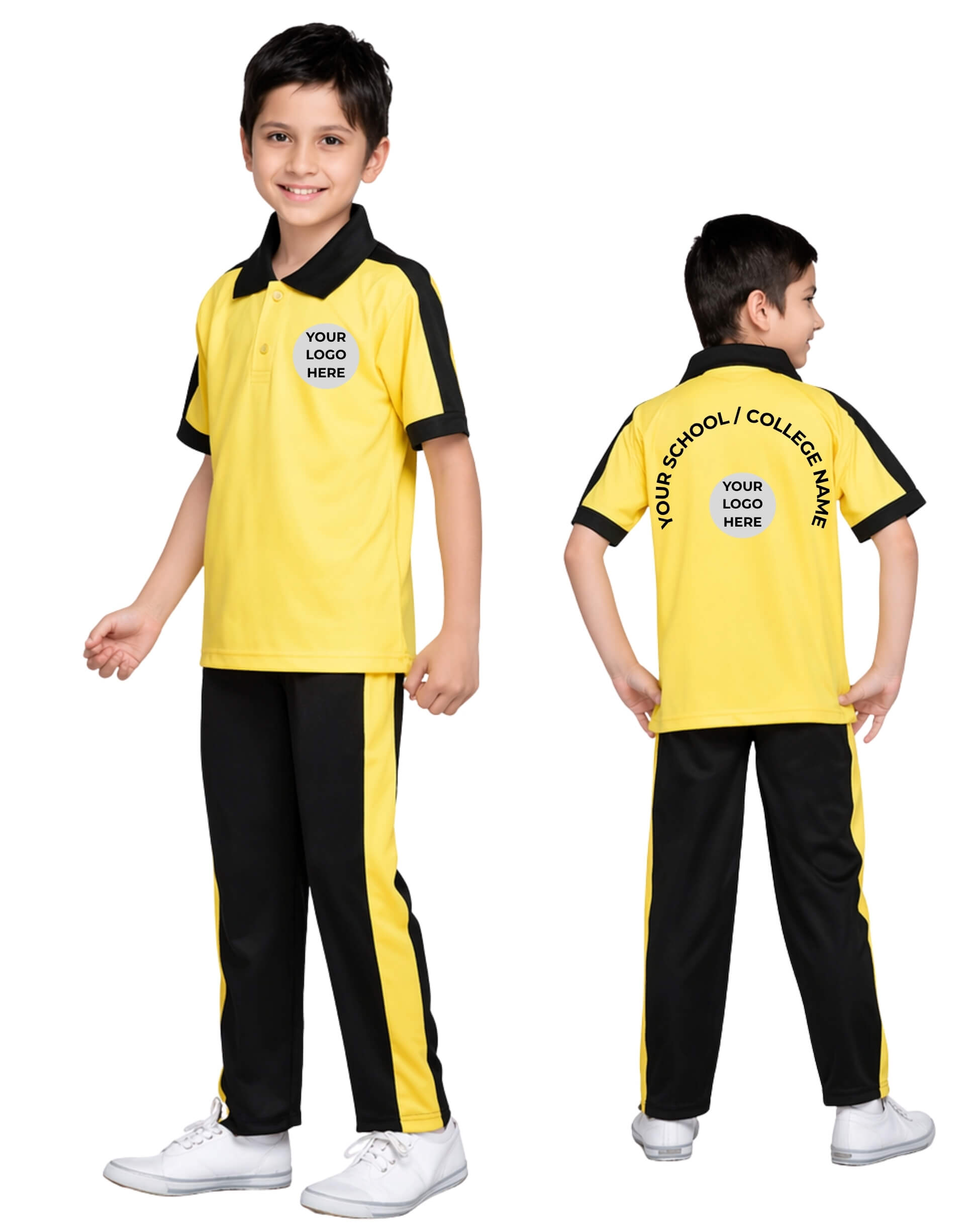 Yellow and black school uniform with customizable logo area on a white background