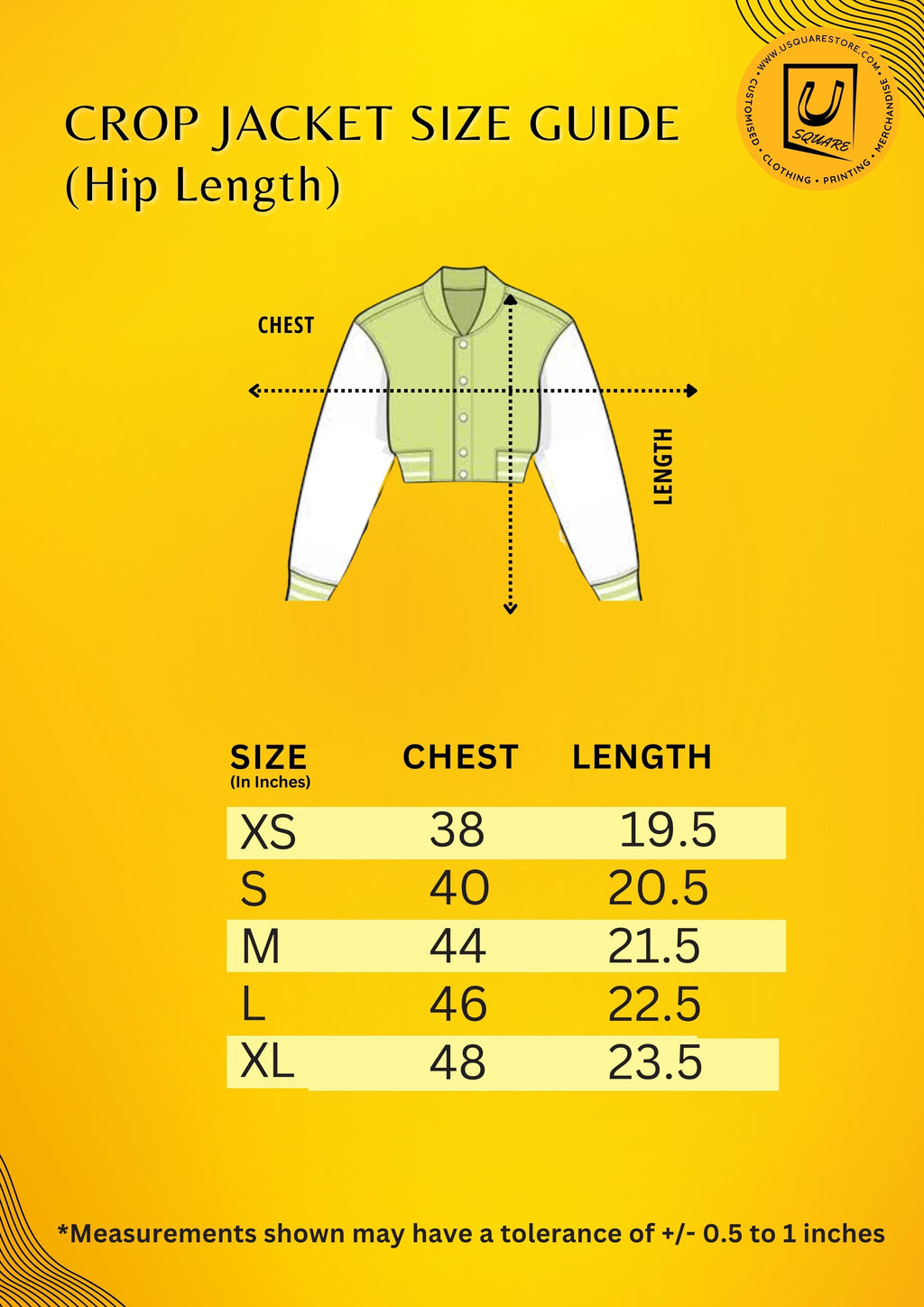 Crop jacket size guide with measurements on a yellow background