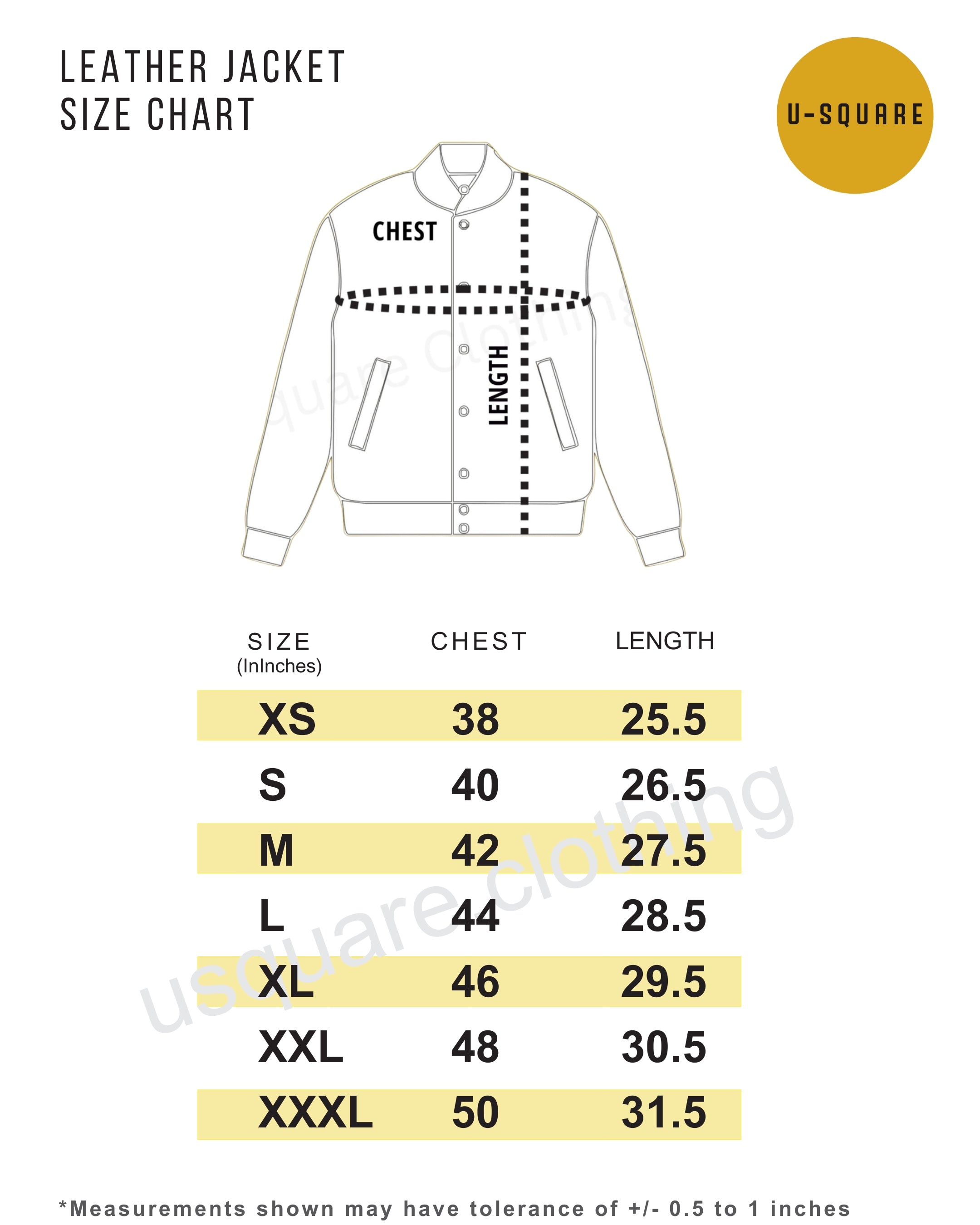 Leather jacket size chart with measurements for chest and length, branded 'U-Square'.