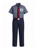 Children's dress shirt with plaid pattern, red tie, and navy pants on a white background
