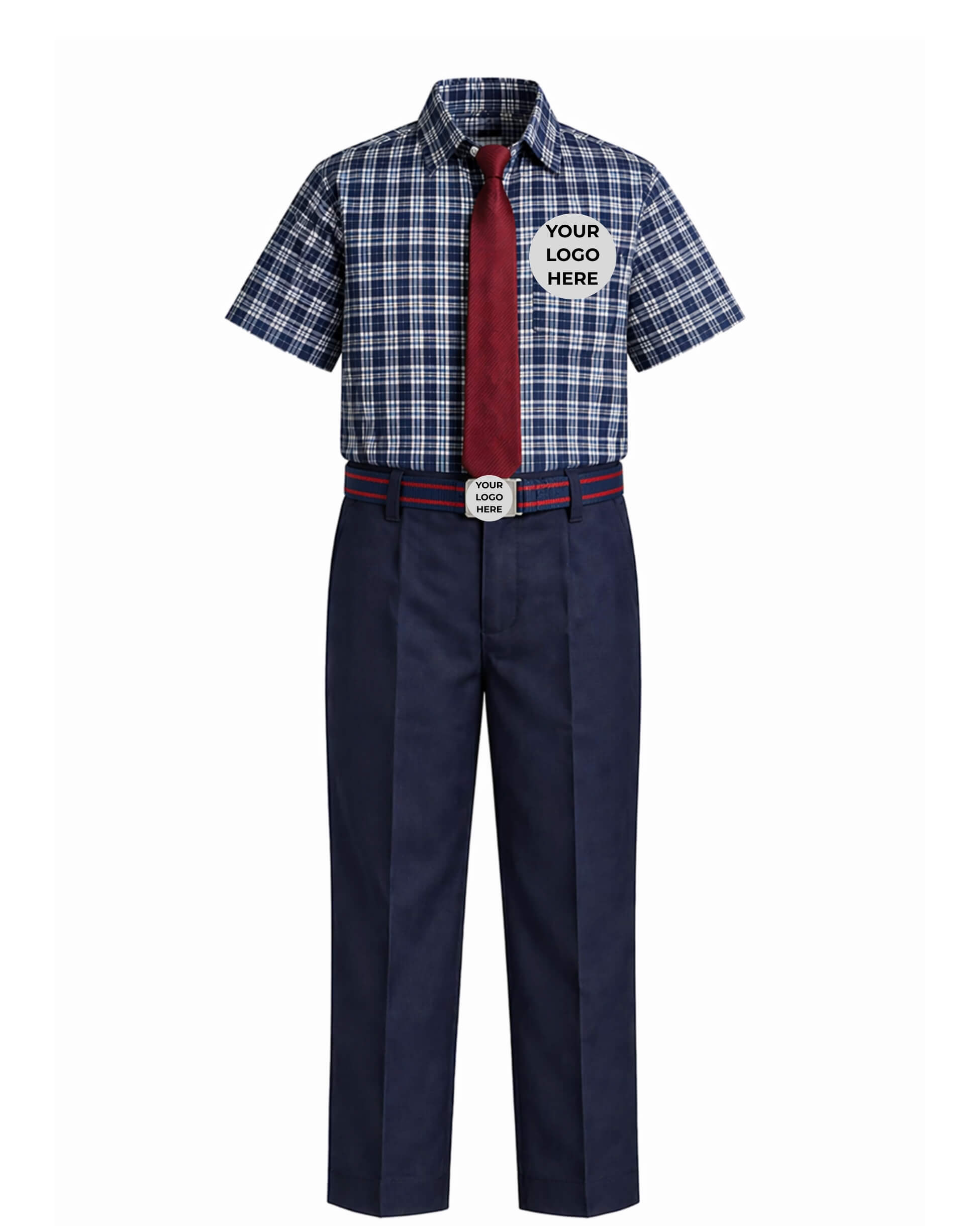 Children's dress shirt with plaid pattern, red tie, and navy pants on a white background