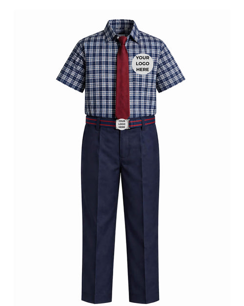 Children's dress shirt with plaid pattern, red tie, and navy pants on a white background