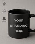 Black mug with 'Your Branding Here' text on a gray background