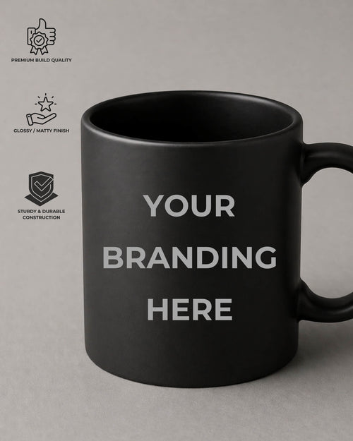 Black mug with 'Your Branding Here' text on a gray background