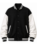 Black and white varsity jacket on a white background
