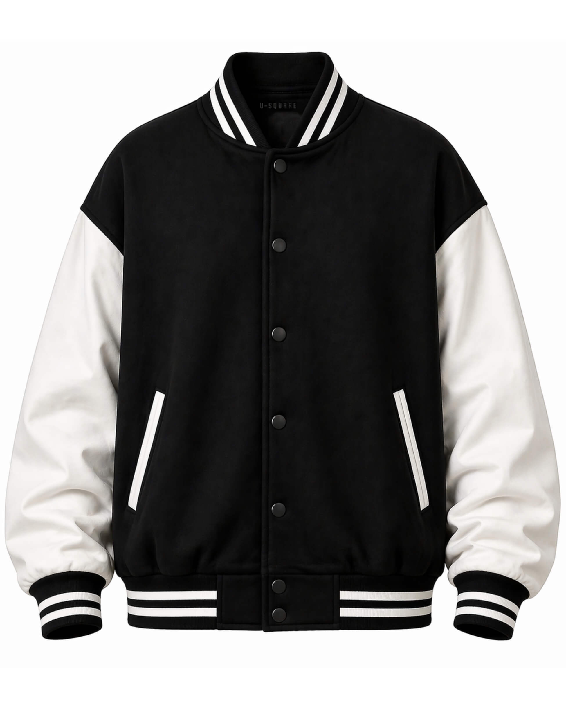 Black and white varsity jacket on a white background