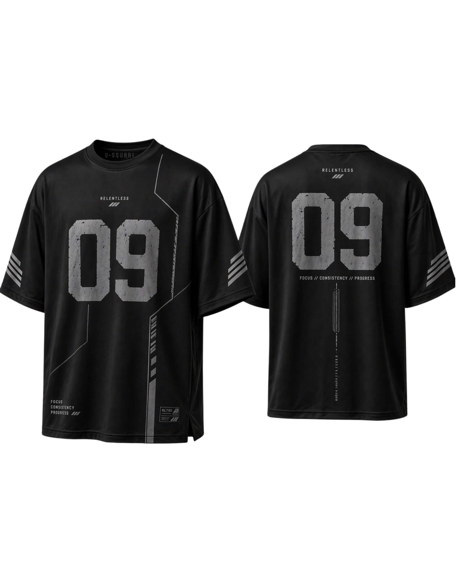 Black t-shirt with '09' design on front and back, on a white background