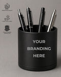 Black pen holder with pens and 'Your Branding Here' text on a gray background