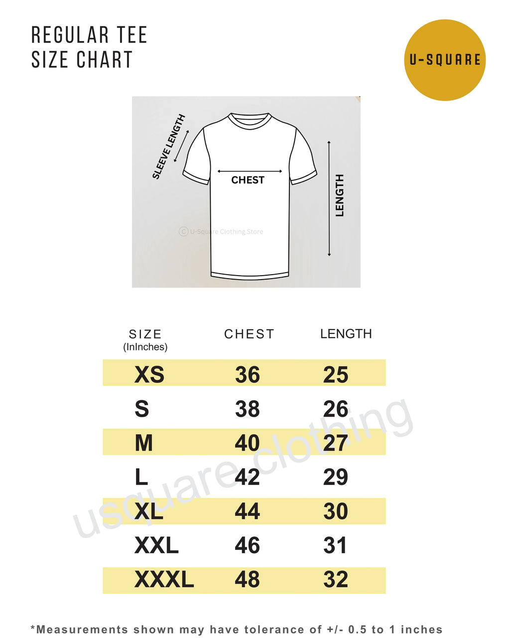 T-shirt size chart with measurements for chest and length, branded 'U-Square'.
