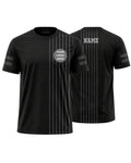 Black sports jersey with customizable logo and name on a white background