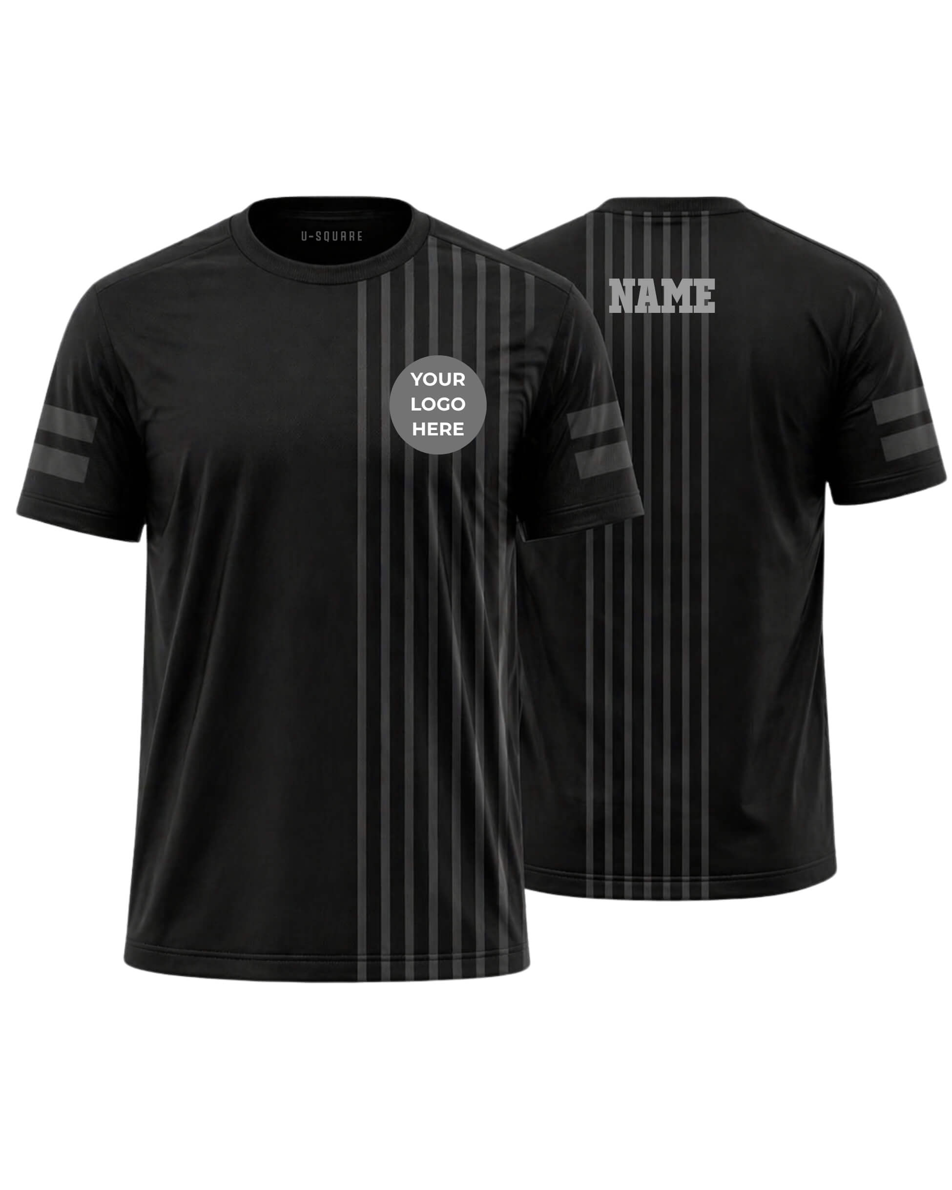 Black sports jersey with customizable logo and name on a white background