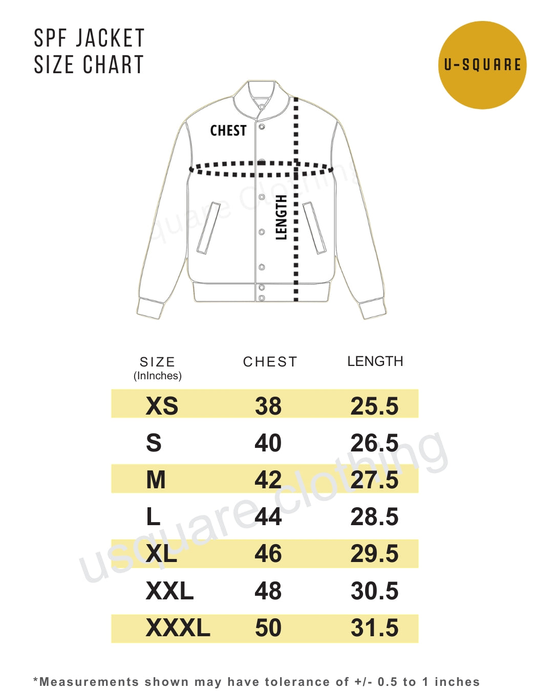 SPF jacket size chart with measurements for chest and length on a white background.