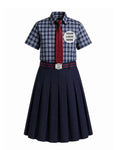 School uniform with plaid shirt, red tie, and navy skirt on a white background
