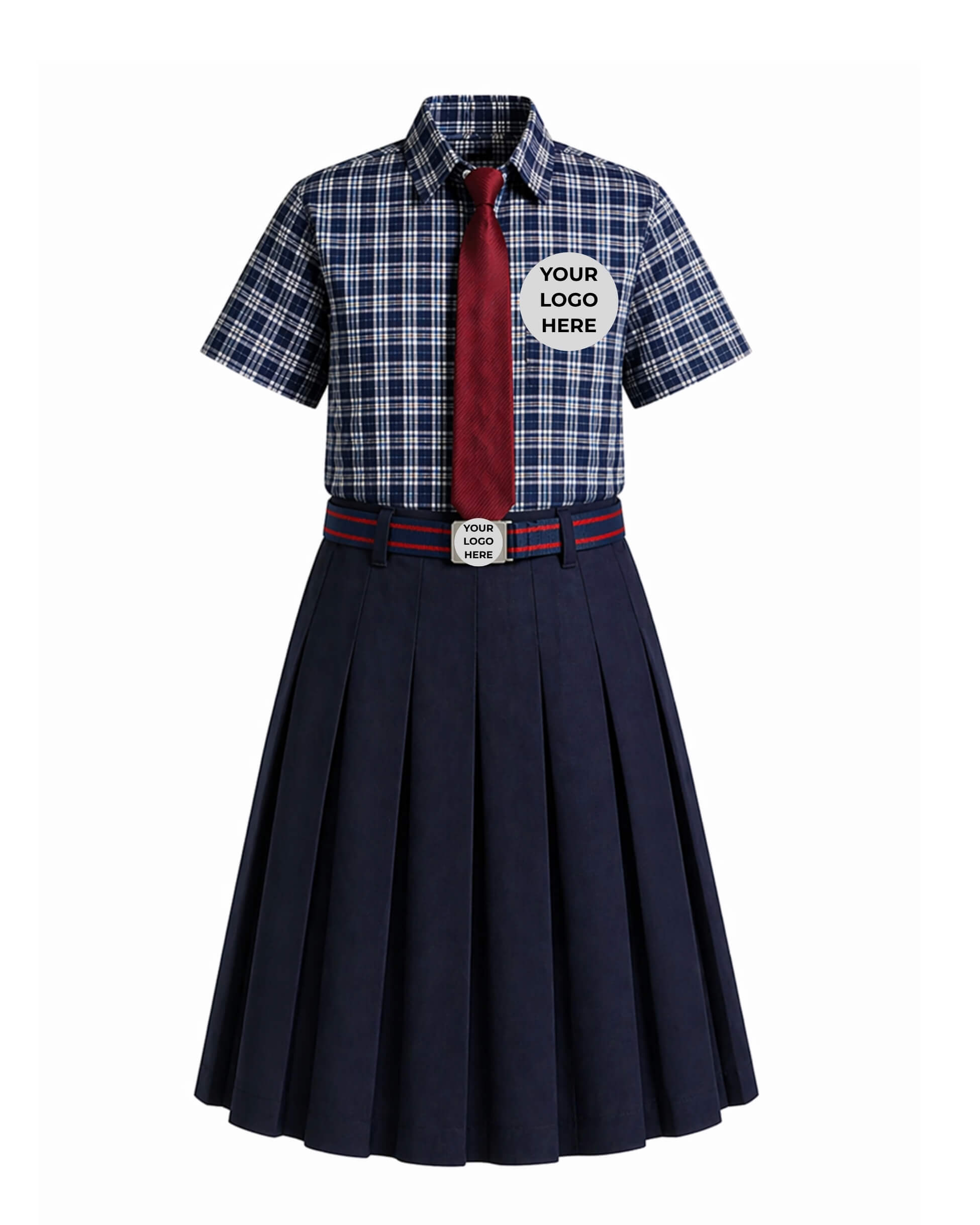 School uniform with plaid shirt, red tie, and navy skirt on a white background