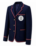 Navy blazer with red and gold trim on a white background