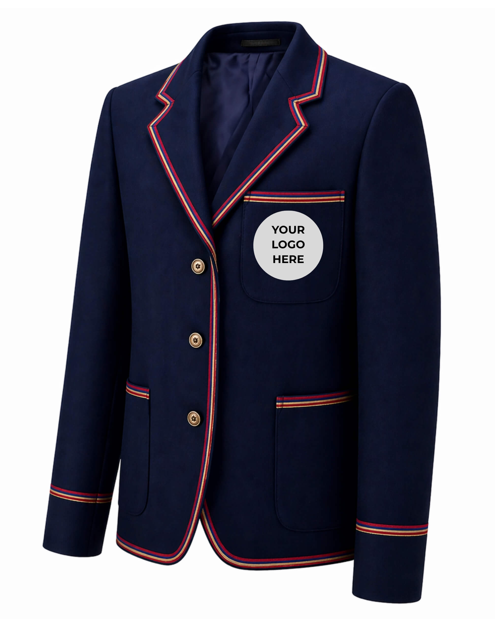 Navy blazer with red and gold trim on a white background