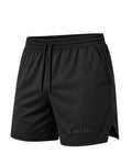 Black athletic shorts with a brand logo on a white background