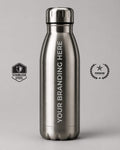 Stainless steel water bottle with customizable branding on a gray background