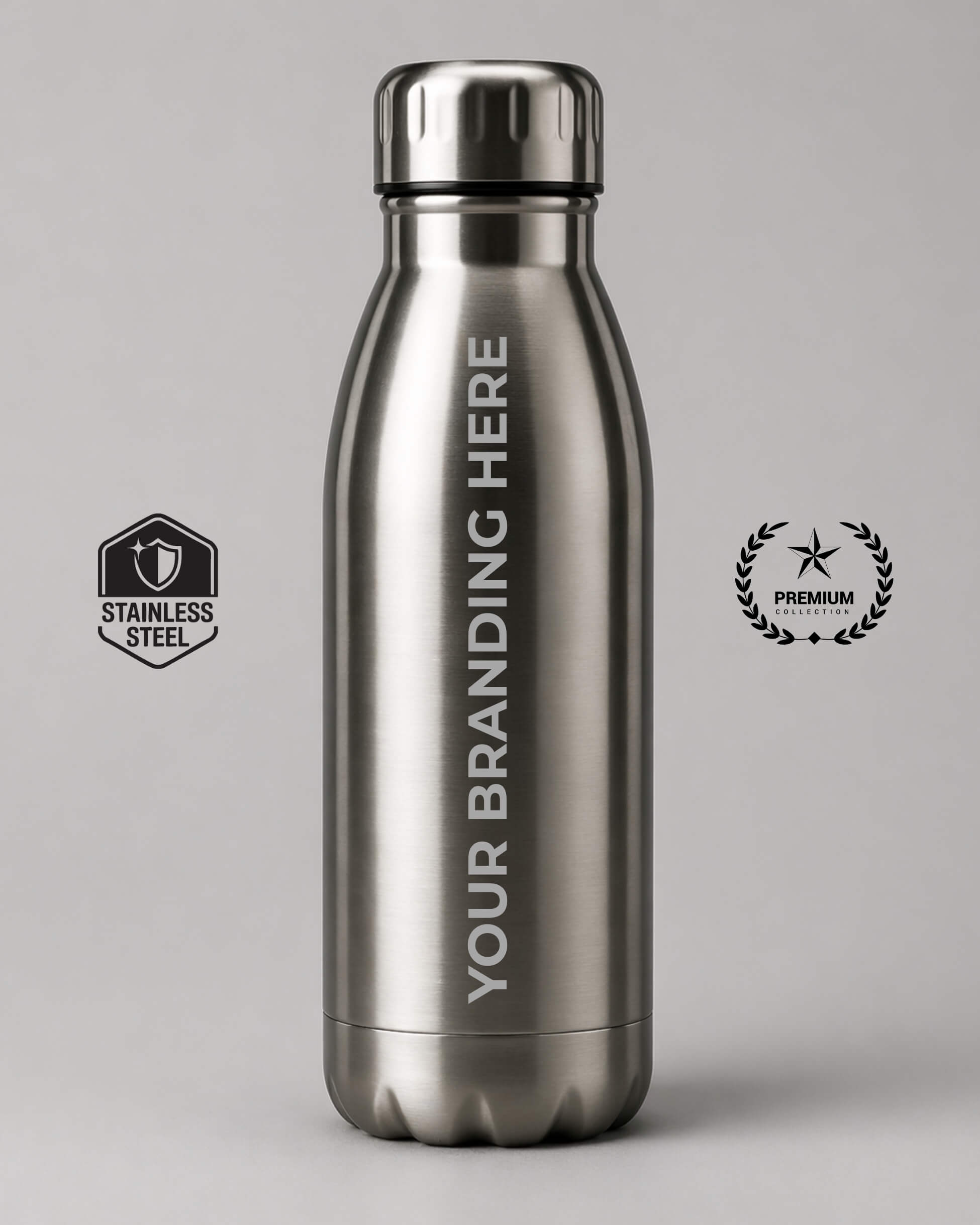 Stainless steel water bottle with customizable branding on a gray background
