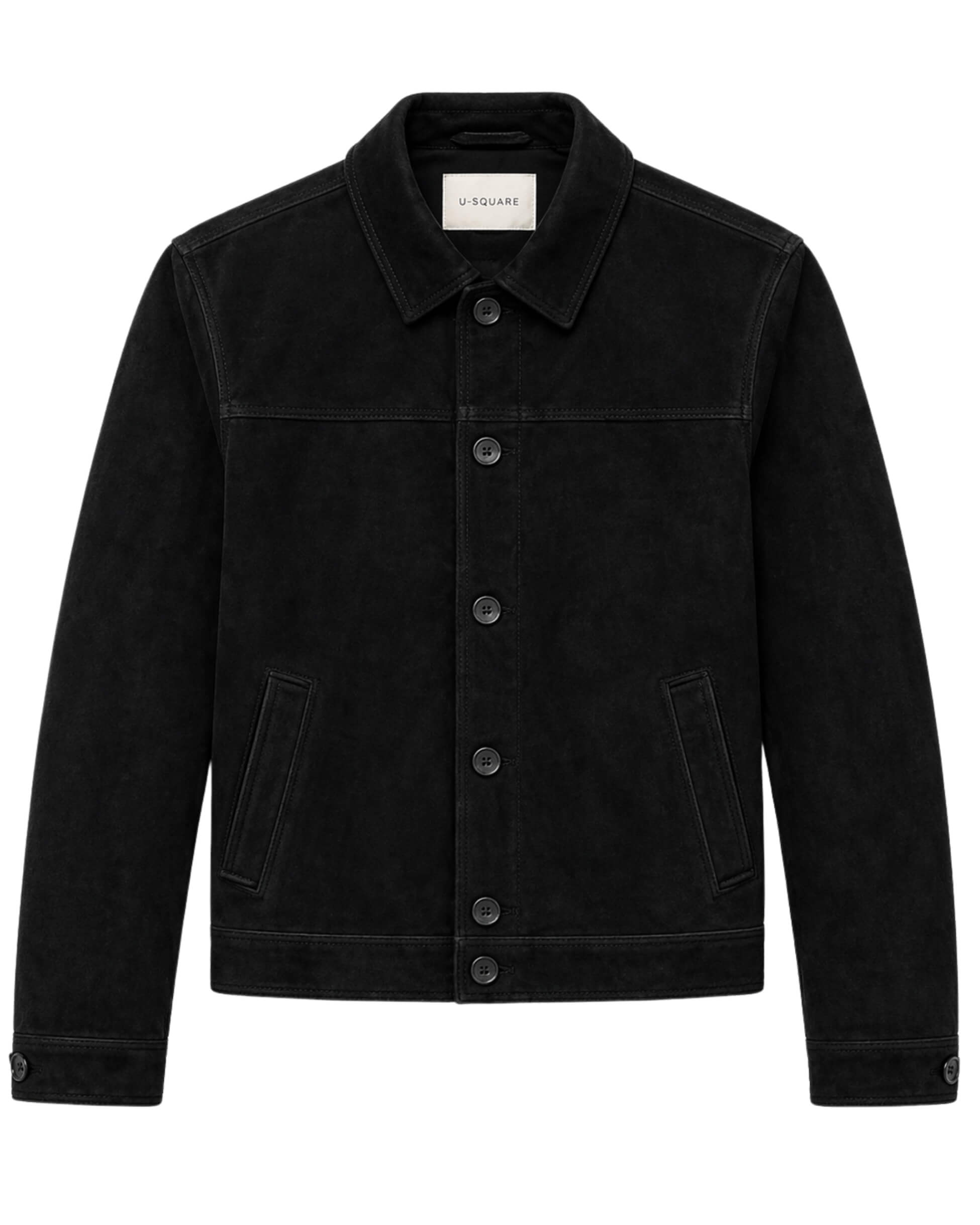 Black jacket with button details on a white background