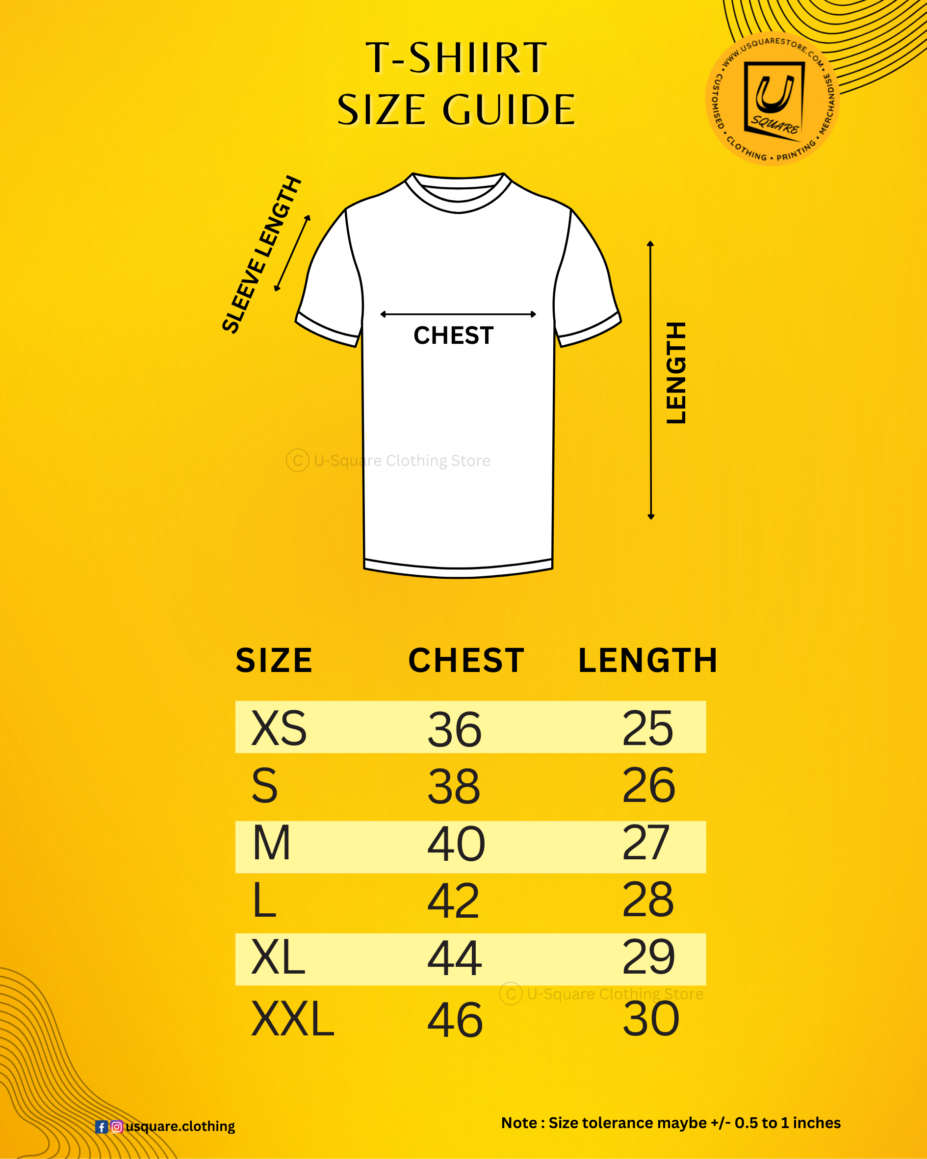 T-shirt size guide with measurements on a yellow background