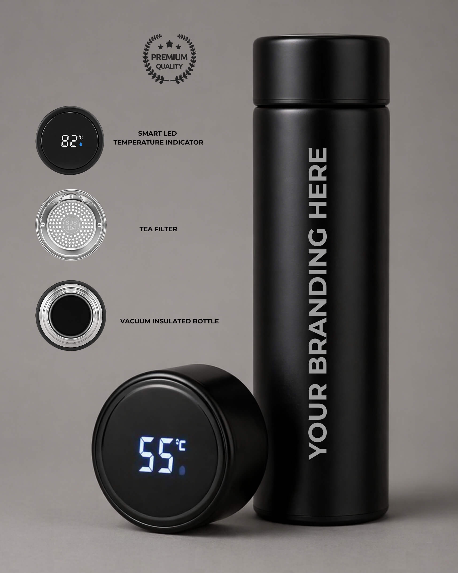 Black insulated bottle with digital temperature display and branding area on a gray background