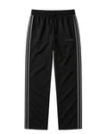 Black track pants with two stripes on a white background