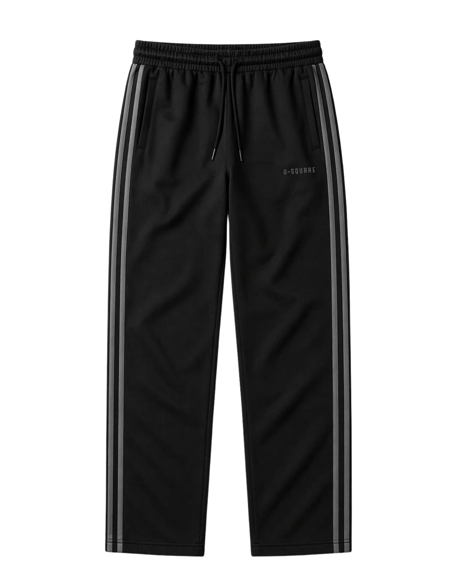 Black track pants with two stripes on a white background