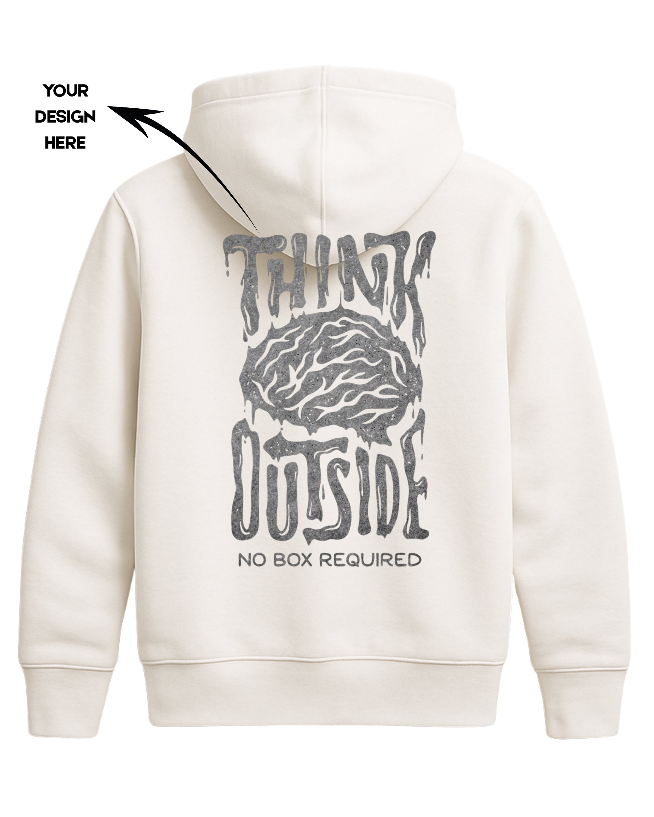 White hoodie with 'Think Outside, No Box Required' text and design on the back.