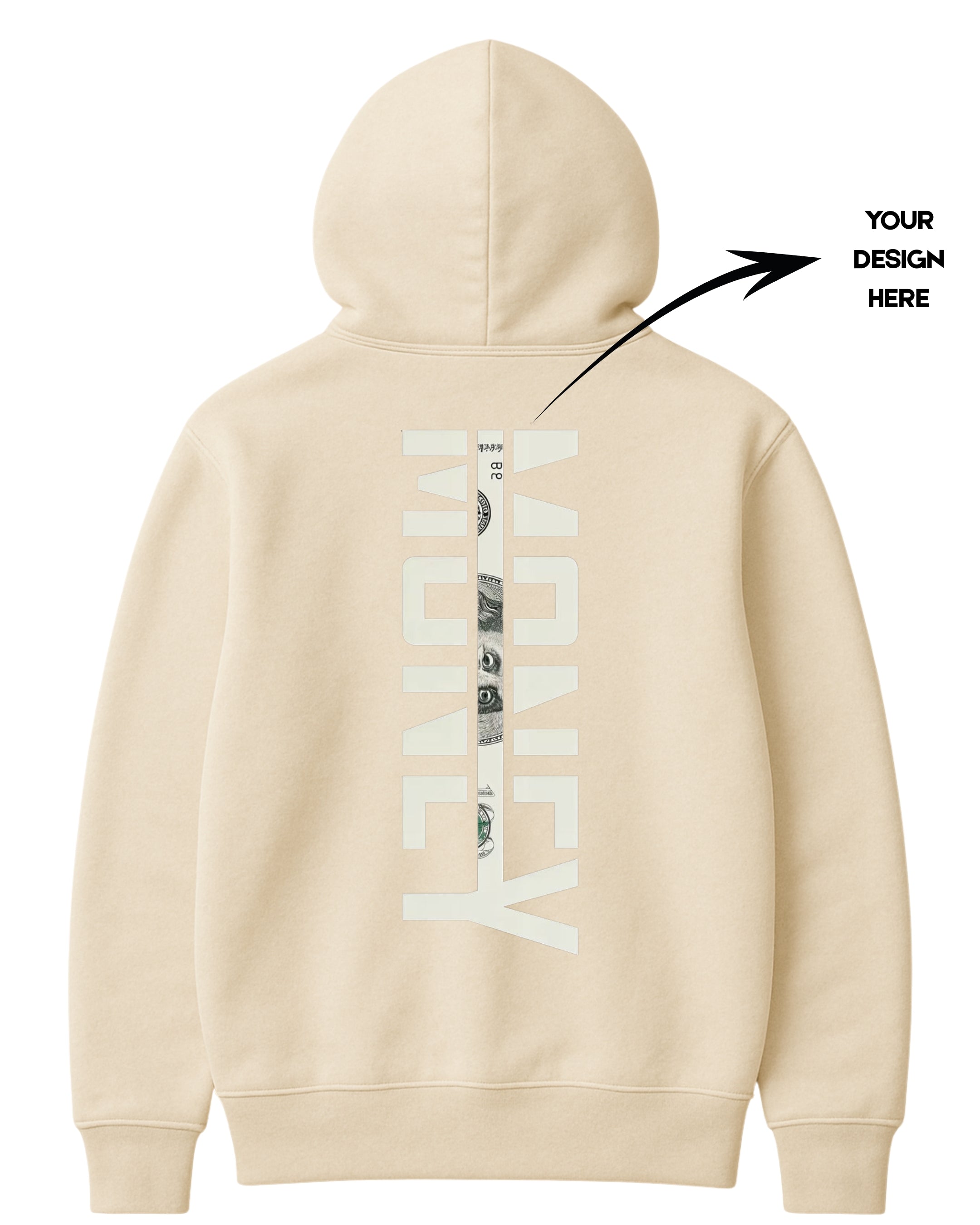 Beige hoodie with text design on the back, customizable area indicated.