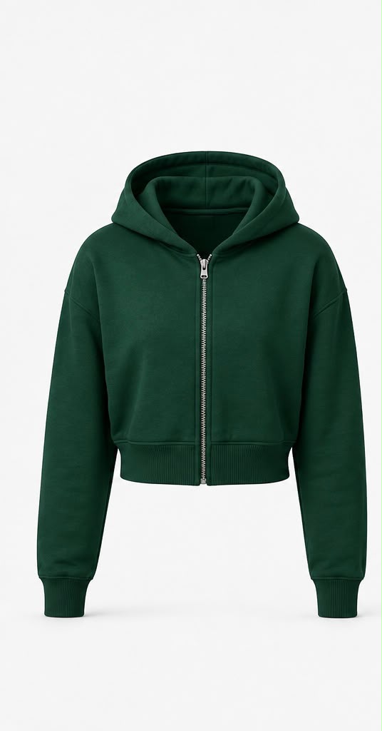 Cottonian Cropped Zipper Hoodie - Bottle Green