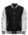Black and white varsity jacket with button details on a white background