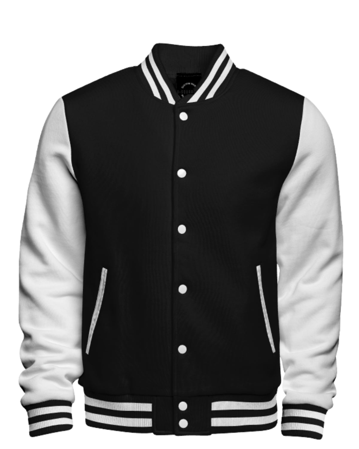 Black and white varsity jacket with button details on a white background